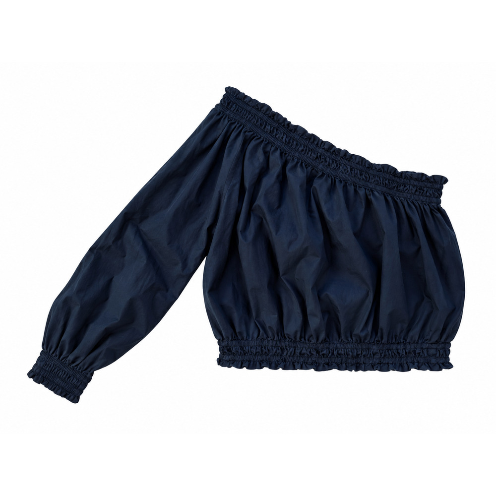 Free People One Shoulder Top Womens Medium Navy Blue Smocked Balloon Sleeve Crop - Picture 2 of 8